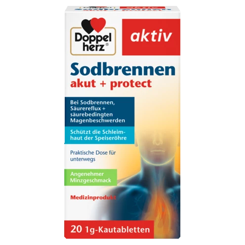Abbildung der Produktverpackung Doppelherz aktiv Sodbrennen akut + protect Frontansicht